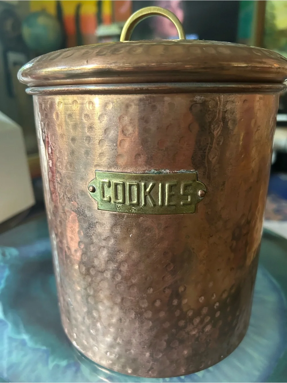Copper Hammered Cookie Canister with Brass Label